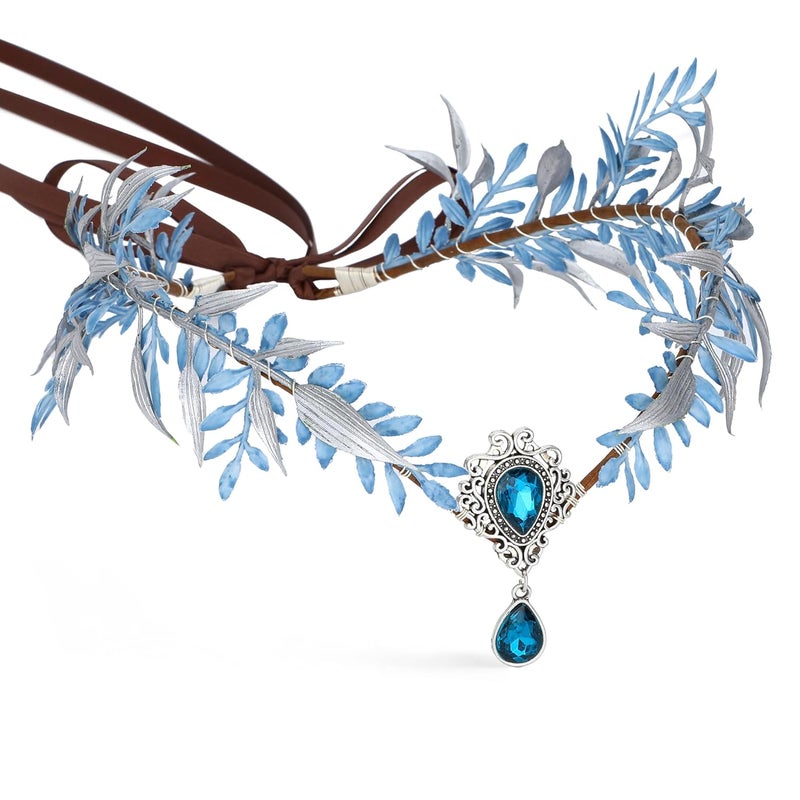 MOSTORY Blue Flower Fairy Crown - Woodland Elf Headpiece Floral Headband Forest Leaf Circlet for Women Renaissance Renfaire Halloween Cosplay Fantasy Photo Shoot - Image 1